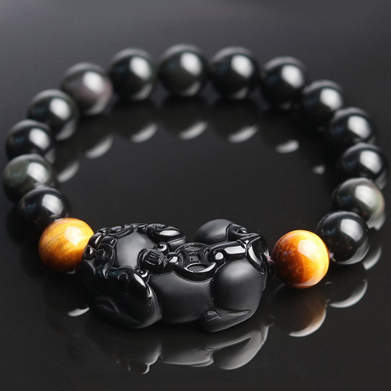 Pulsera de riqueza de ojo de tigre de obsidiana arcoíris FengShui PiXiu de Buddha Stones