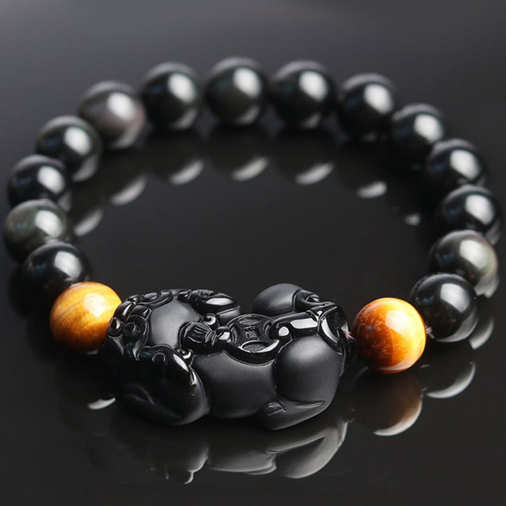 Pulsera de riqueza de ojo de tigre de obsidiana arcoíris FengShui PiXiu de Buddha Stones