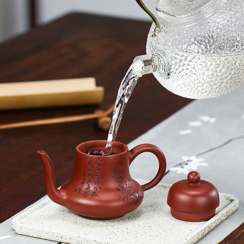 Tetera de kungfú de arcilla púrpura con flor de melocotón de bambú Vintage con Buddha Stones