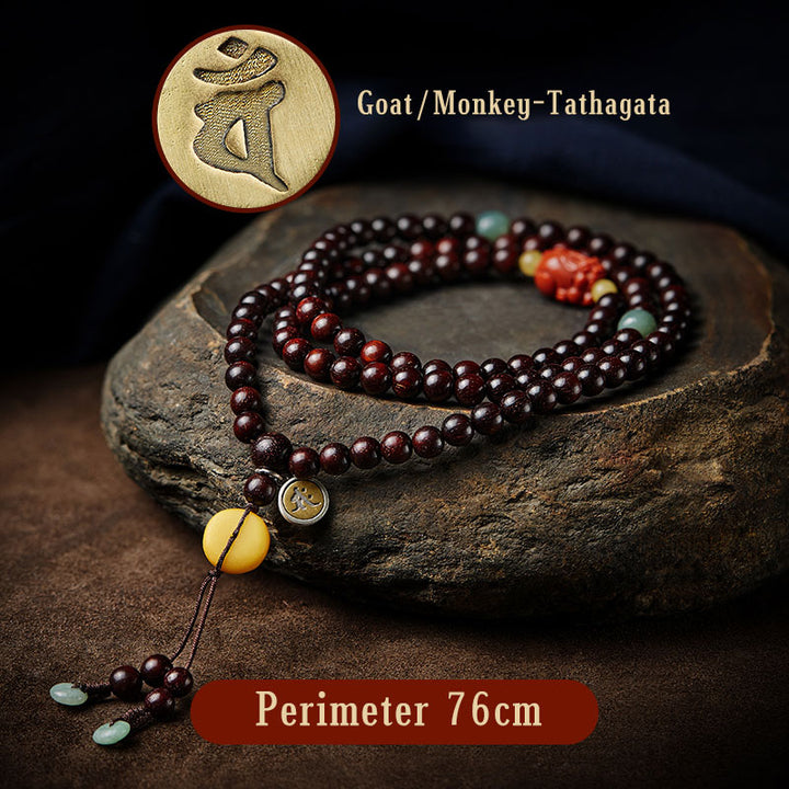 Buddha Stones zodiaco chino Buda Natal 108 cuentas Mala hoja pequeña sándalo rojo ágata roja pulsera de protección PiXiu