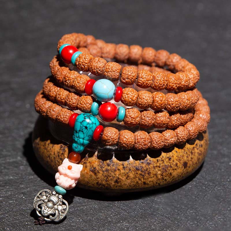 Tíbet 108 Mala cuentas Rudraksha Bodhi semilla zodiaco chino Buda Natal pulsera con dijes de riqueza