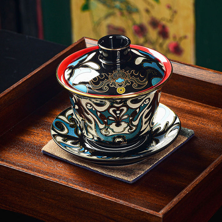 Taza de té de cerámica con diseño de máscara de Ópera de Pekín, Buddha Stones , Gaiwan Sancai, taza de té de Kung Fu y platillo con tapa, tetera