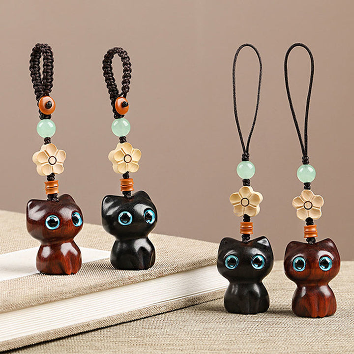 Buddha Stones, Mini hoja pequeña, sándalo rojo, madera de ébano, gato de la suerte, gatito encantador, llavero de la paz, decoración colgante para teléfono