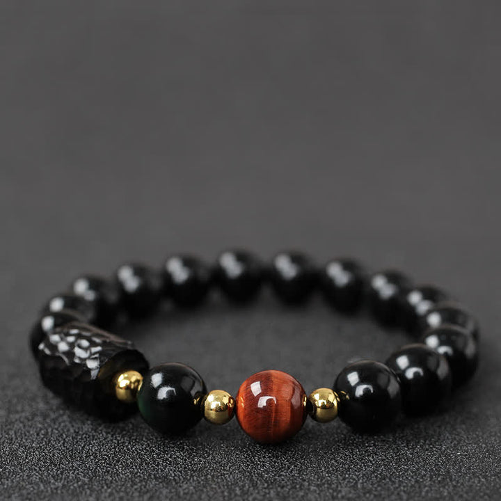 Pulsera de pareja de fuerza de ojo de tigre rojo de madera de ébano de obsidiana negra