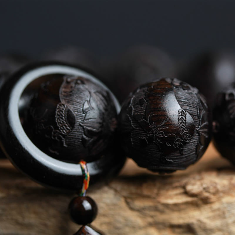Pulsera de equilibrio de calabaza grabada con Buddha Stones , madera de ébano, carácter chino, Yin Yang