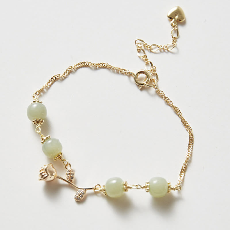 Pulsera de cadena de la suerte con flor de rosa dorada y jade hetiano chapado en oro de 14 Buddha Stones