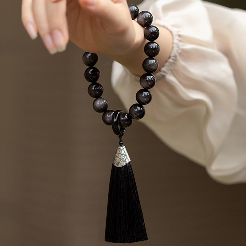 Obsidiana con brillo de plata Natural, León de obsidiana negra, protección Mala para muñeca, borlas, bolsillo, decoración para coche