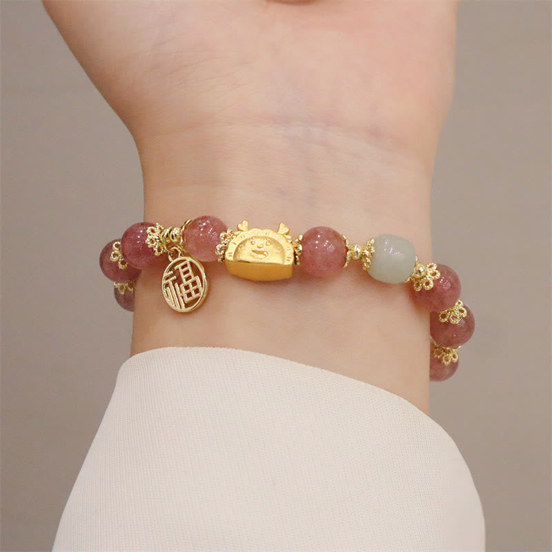 Buddha Stones Año del Dragón Ágata roja Cuarzo fresa Obsidiana negra Jade Granate Perla Cinabrio Bola de masa Dragón Suerte Fu Pulsera con personajes