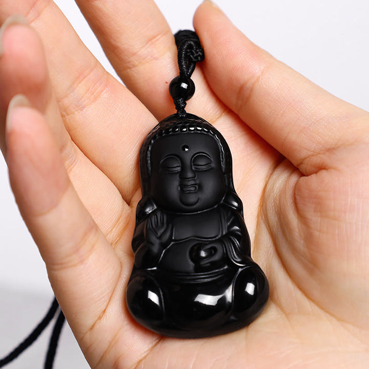 Buddha Stones de cristal de obsidiana negra natural, amuleto de protección de fuerza de Buda, collar con colgante de amuleto de la suerte - image 5