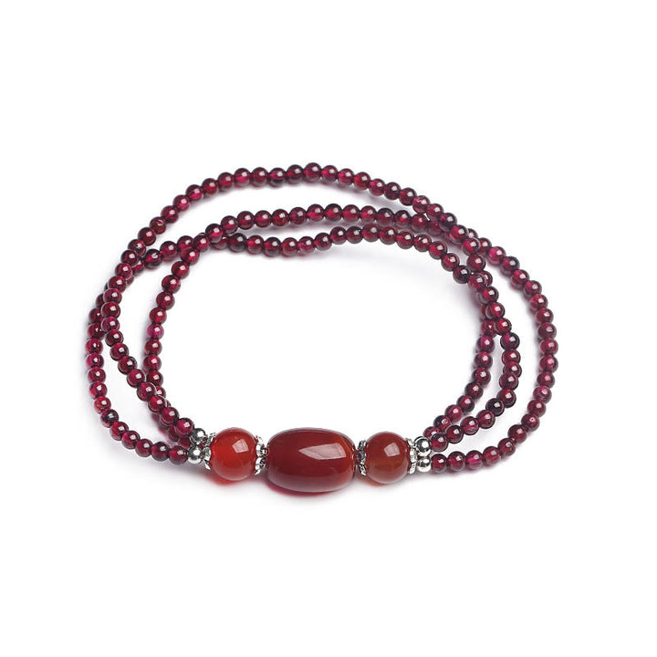Pulsera de triple capa con protección de ágata roja granate natural con Buddha Stones
