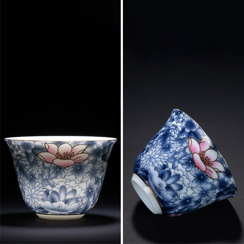 Taza de té de cerámica de porcelana azul y blanca, Buddha Stones, flores coloridas, orquídeas, olas del mar, taza de té de Kung Fu