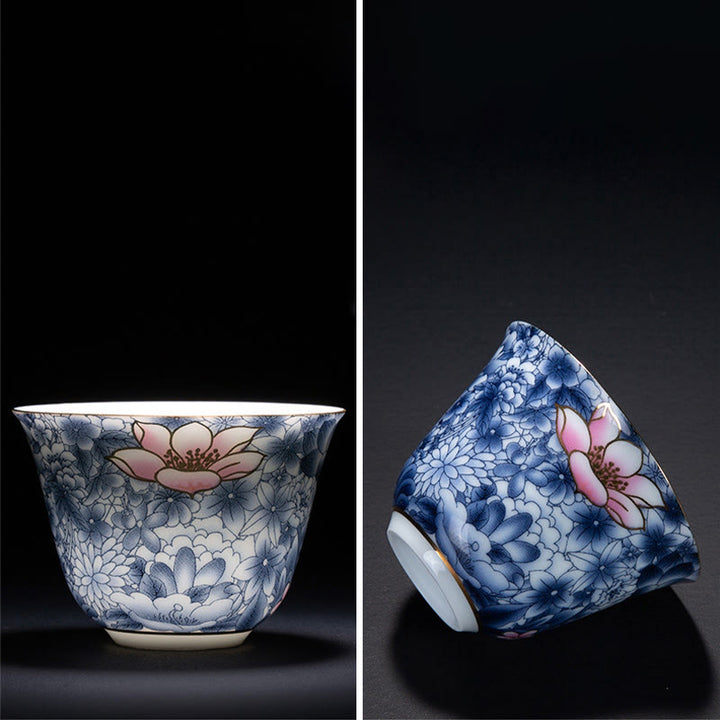 Taza de té de cerámica de porcelana azul y blanca, Buddha Stones, flores coloridas, orquídeas, olas del mar, taza de té de Kung Fu