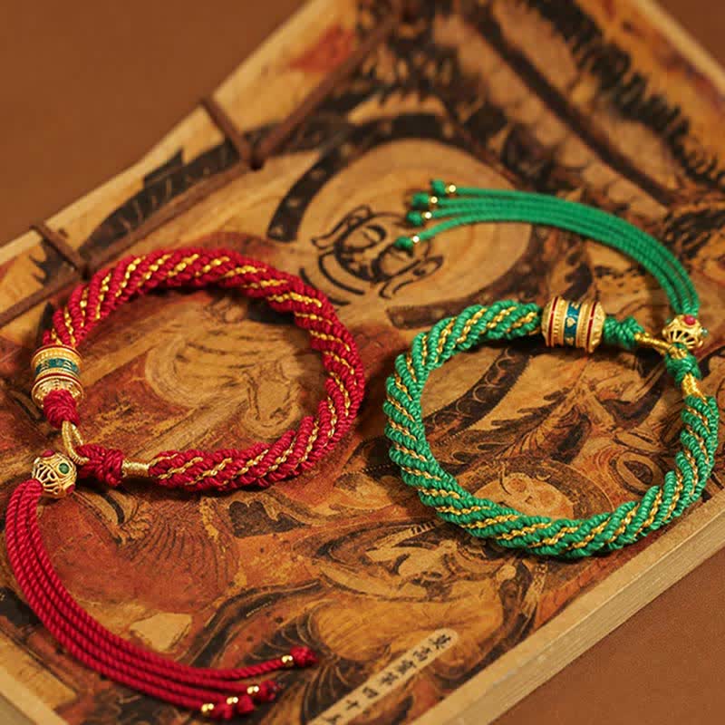 Pulsera de cuerda tejida con dije de rueda de oración Thangka de la suerte hecha a mano tibetana con Buddha Stones