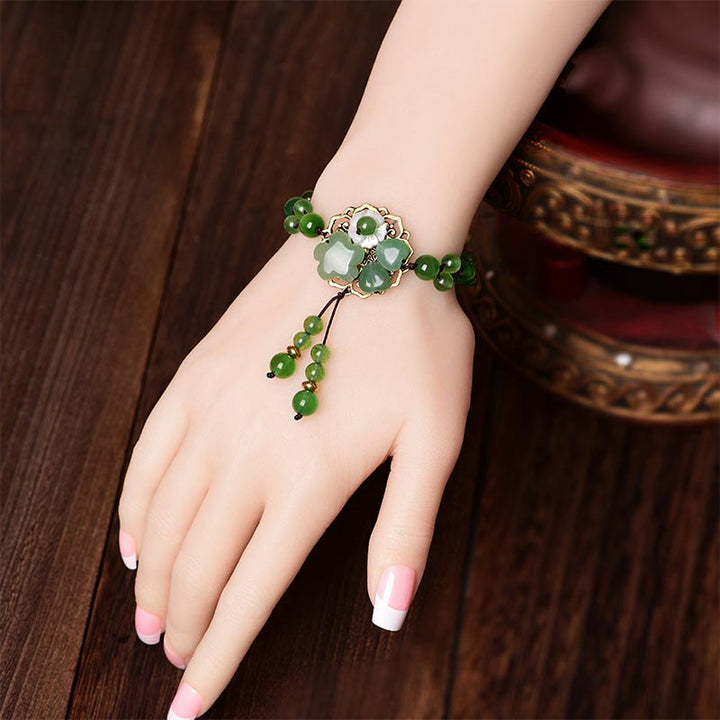 Pulsera de flores colgantes de la suerte de jade verde natural con Buddha Stones