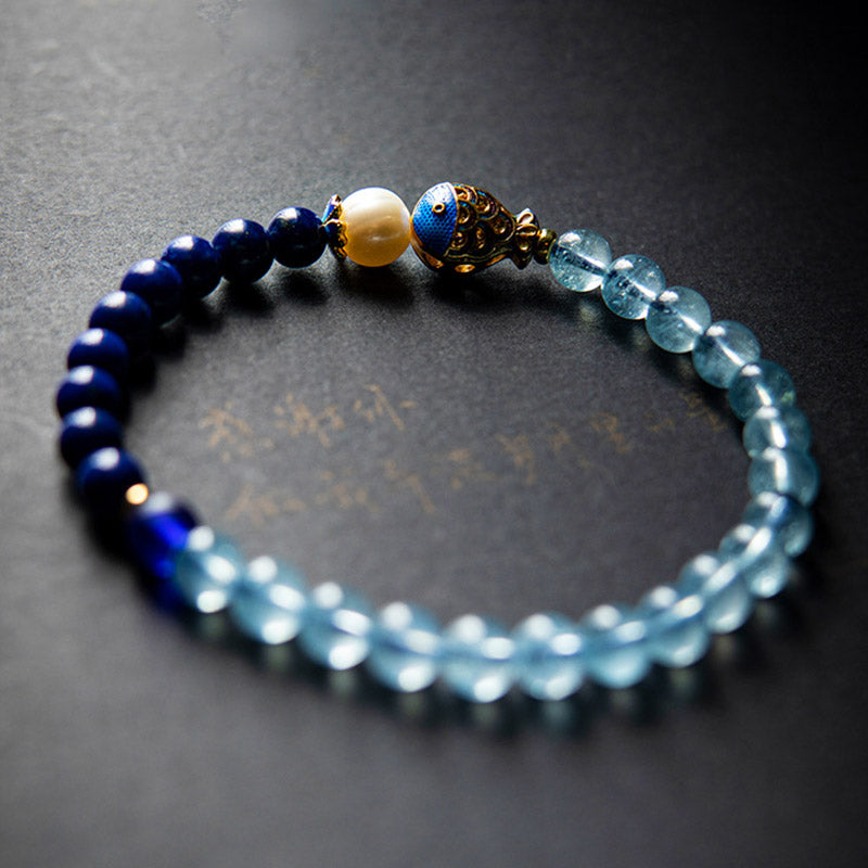 Pulsera curativa de peces de lazurita de aguamarina natural de Buddha Stones