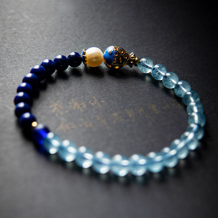Pulsera curativa de peces de lazurita de aguamarina natural de Buddha Stones