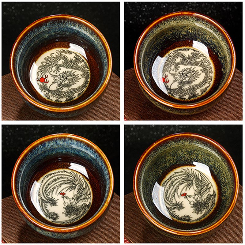 Buddha Stones, loto, dragón, Fénix, pez Koi, taza de té de cerámica china Jianzhan, taza de té de Kung Fu, 110ml