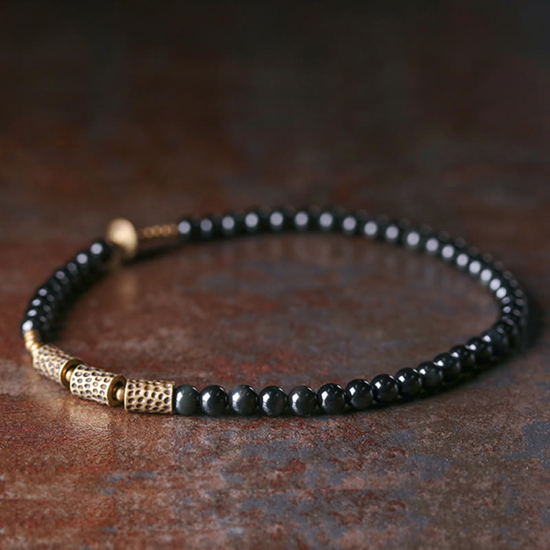 Pulsera de doble vuelta de cobre y obsidiana arcoíris con Buddha Stones