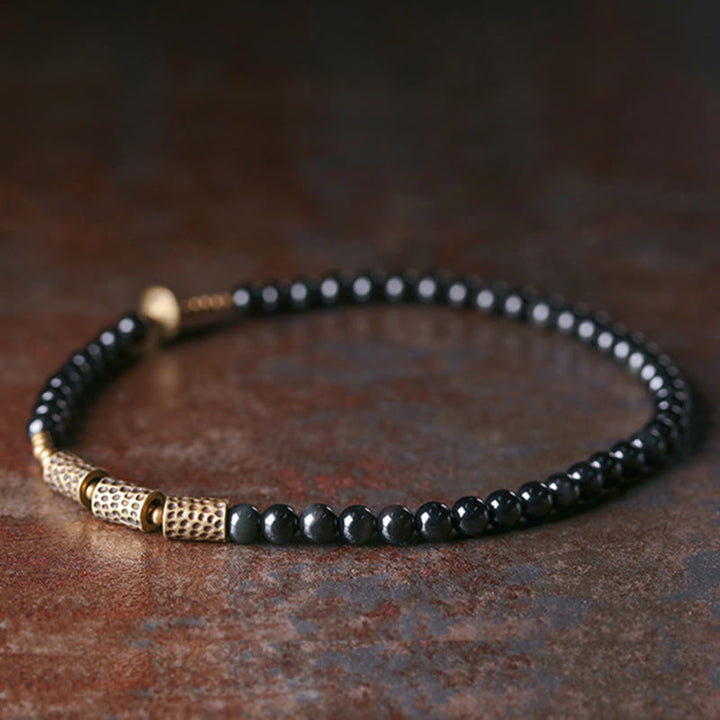 Pulsera de doble vuelta de cobre y obsidiana arcoíris con Buddha Stones