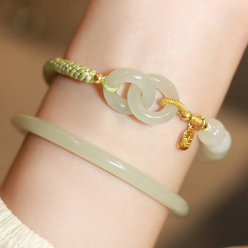 Pulsera trenzada con doble hebilla de paz y cuentas de jade hetiano natural, Buddha Stones, carácter Fu, abundancia