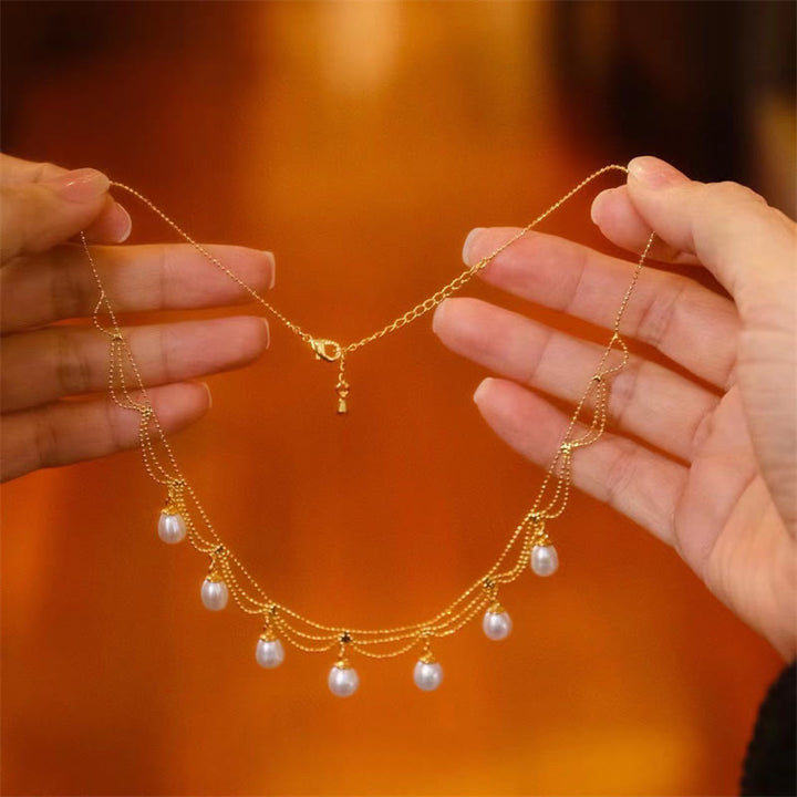 Vintage 14K chapado en oro perla curación multicapa collar colgante