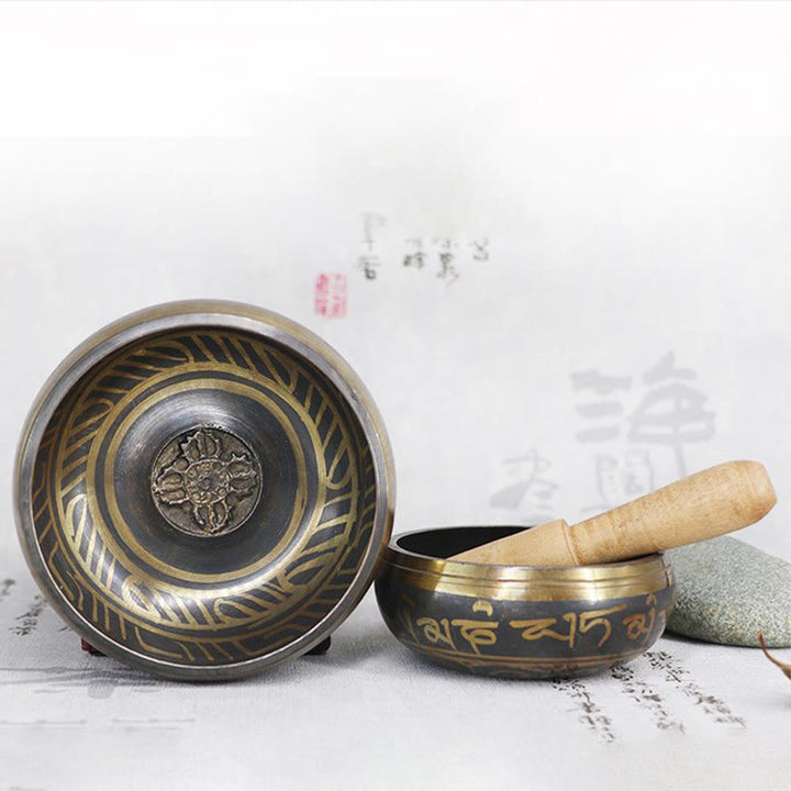 Cuenco de meditación tibetano con Buddha Stones para curación y atención plena, cuenco tibetano Om Mani Padme Hum