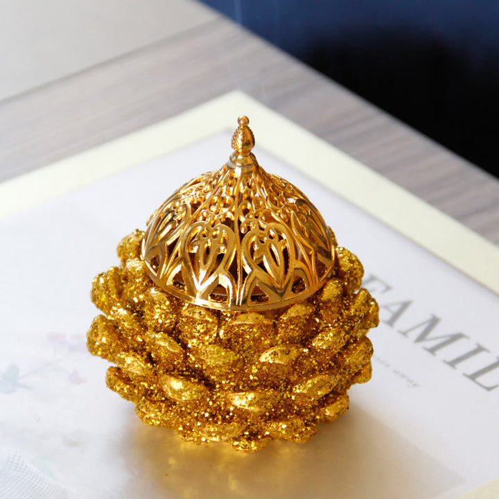 Mini quemador de incienso con diseño de cono de pino dorado, decoración de mesa para el hogar, rituales espirituales
