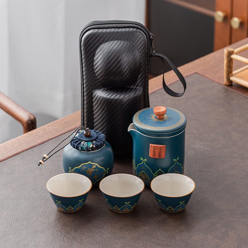 Tetera de cerámica de Gongfu chino con flores de Buddha Stones , bolsa portátil para juego de té de viaje al aire libre - Cian - 1 tetera + 3 tazas + 1 bolsita + 1 lata de té - image 10