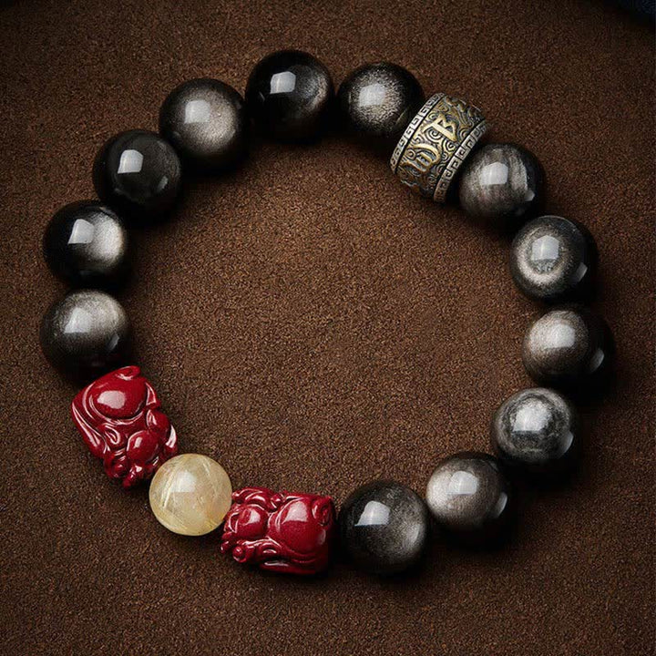 Pulsera de protección Om Mani Padme Hum de cinabrio PiXiu de obsidiana con brillo dorado de Buddha Stones