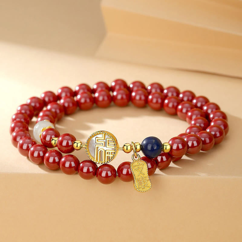Pulsera de bendición de doble envoltura con carácter Fu de piedra Tridacna de cinabrio de plata de ley 925 de Buddha Stones - Cinabrio (Calma♥Concentración) - image 0