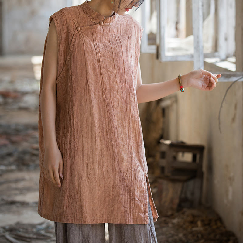 Camiseta sin mangas con botones de rana de lino y ramio teñida anudada hecha a mano con Buddha Stones