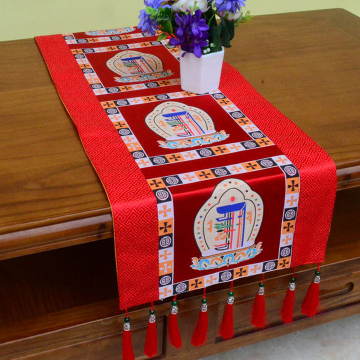 Tapete para altar de oración con Buddha Stones , Man-Bcu, Kalachakra, nudo sin fin, Vajra, símbolos propicios tibetanos, camino de mesa con borlas
