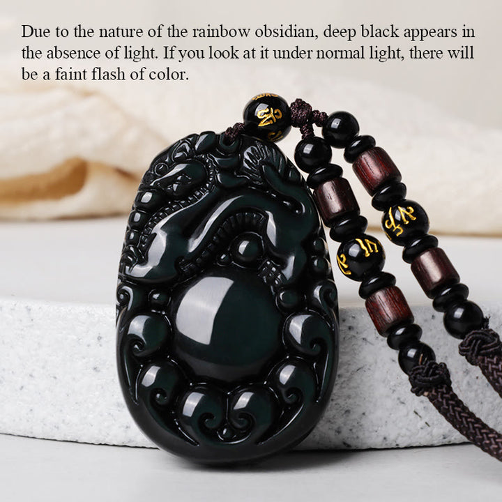 Collar PiXiu de obsidiana arcoíris positiva tibetana con Buddha Stones