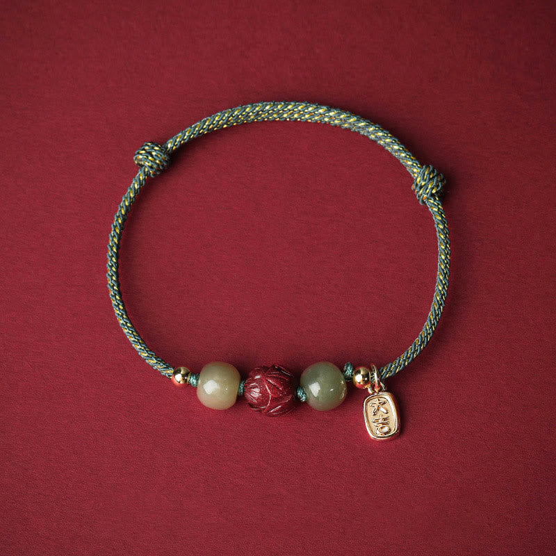 Pulsera de cuerda hecha a mano con Buddha Stones chapadas en oro de 14 quilates, jade hetiano, cinabrio, suerte de loto - Cuerda cian (circunferencia de la muñeca: 13-18 cm) - image 11