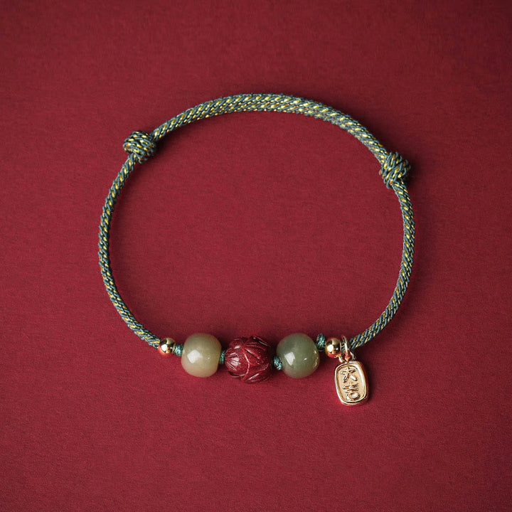 Pulsera de cuerda hecha a mano con Buddha Stones chapadas en oro de 14 quilates, jade hetiano, cinabrio, suerte de loto - Cuerda cian (circunferencia de la muñeca: 13-18 cm) - image 11