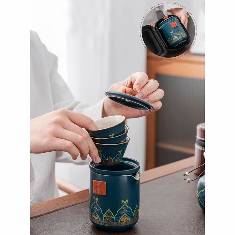 Tetera de cerámica de Gongfu chino con flores de Buddha Stones , bolsa portátil para juego de té de viaje al aire libre