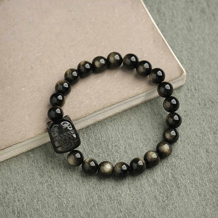 Buddha Stones Obsidiana con brillo dorado Obsidiana con brillo plateado Pata encantadora Pulsera de protección del gato de la suerte - image 19