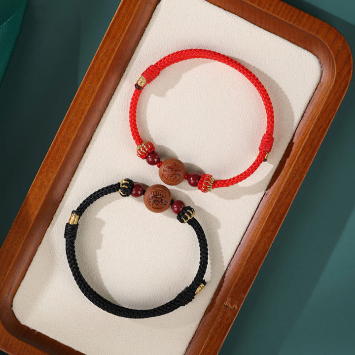 Pulsera de riqueza de cinabrio tallada con carácter del zodíaco chino, madera de melocotón Natural, Buddha Stones - image 14