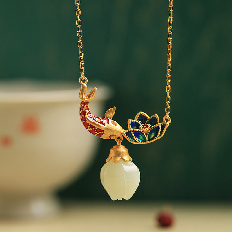 Collar con colgante de plata de ley 925 con Buddha Stones , jade blanco, pez koi y loto - Jade Blanco (Protección ♥ Felicidad) - image 1