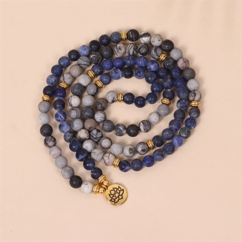 Pulsera de fuerza de loto con Buddha Stones, 108 cuentas de Mala, sodalita, cebra, jaspe, cristal