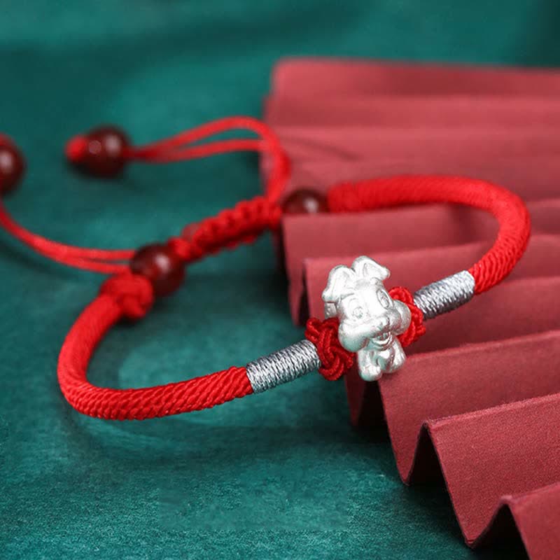 Pulsera de hilo rojo de la fuerza de la suerte del zodíaco chino de plata de ley 999 con Buddha Stones - Conejo (tamaño de la pulsera: 15,5 cm + 8 cm) - image 0