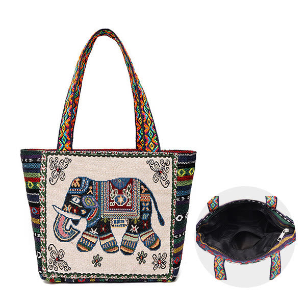 Bolso bandolera de lona de gran capacidad con bordado de mariposa y elefante