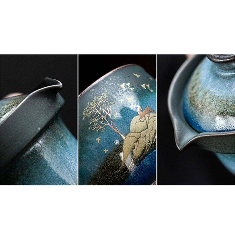 Taza de té de cerámica con Buddha Stones , ciervo, árboles de montaña, gato encantador, taza de té negra con tapa y bolsa