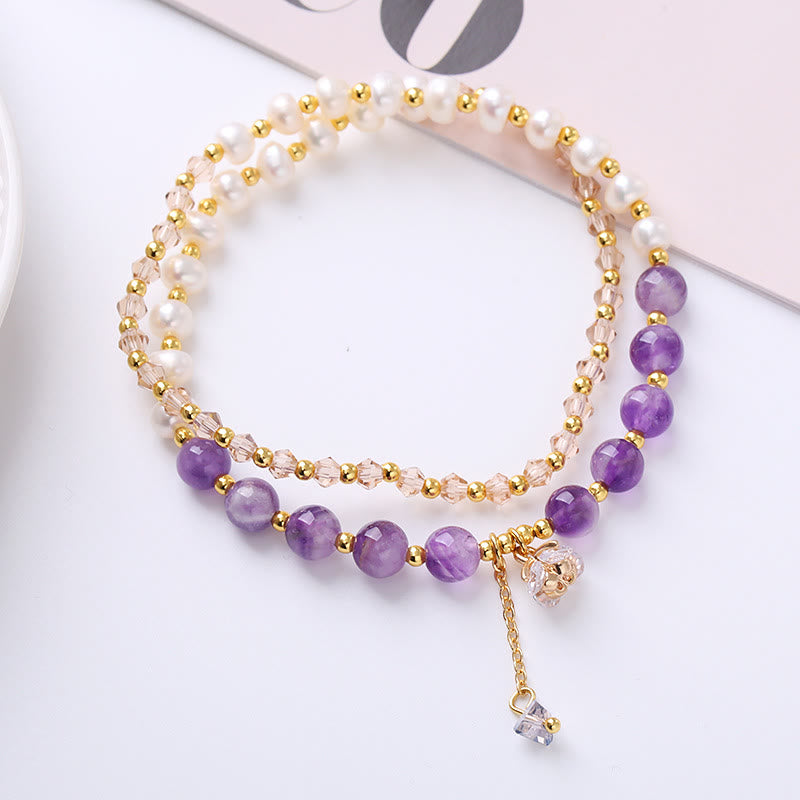 Pulsera de doble vuelta con amatista natural, aguamarina, fresa, cuarzo, perla, curación de la paz