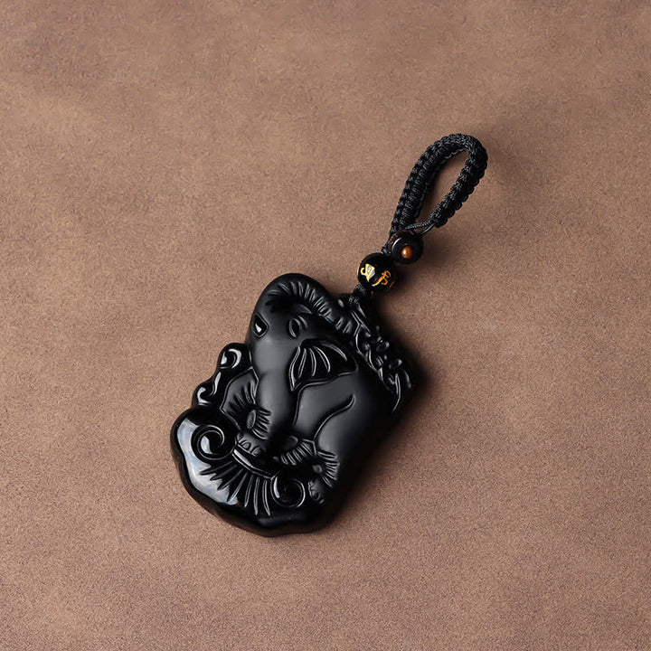 Llavero con colgante de collar de cadena de protección de elefante de obsidiana negra