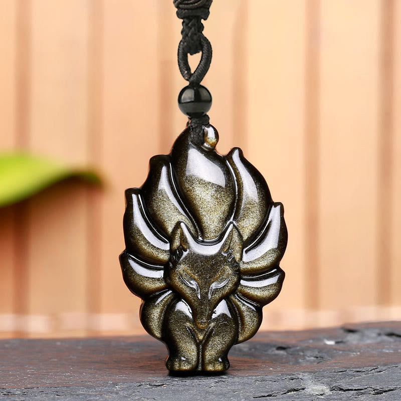 Collar de protección con colgante de zorro de obsidiana con brillo dorado de fluorita natural con Buddha Stones