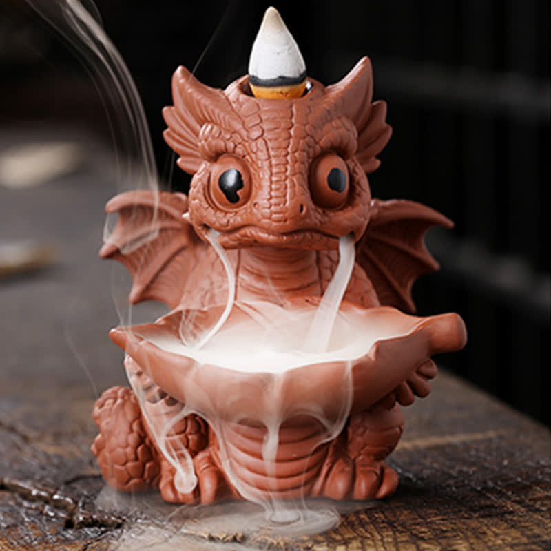 Precioso dinosaurio de arcilla púrpura, fuente de humo de reflujo, decoración de quemador de incienso curativo