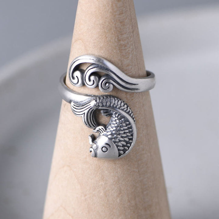Anillo de plata de ley 925 con Buddha Stones , pez koi, ondulación de agua, suerte y riqueza