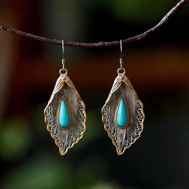 Pendientes colgantes de plata de ley 925 con diseño de hoja de Bodhi turquesa
