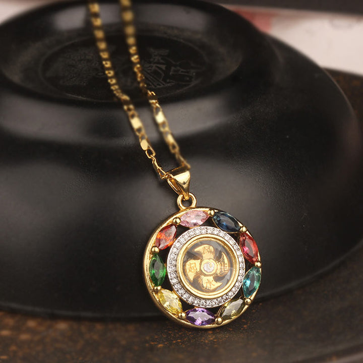 Buddha Stones colorido circón cobre riqueza suerte rotación pulsera collar colgante